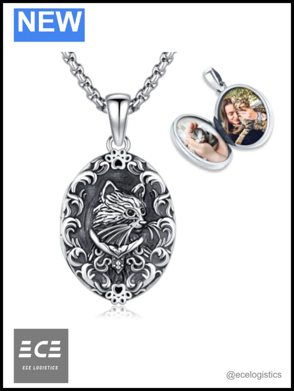 925 Sterling Silver Cat Locket Necklace Holds 2 Photos Pet Memorial Jewelry Gift
